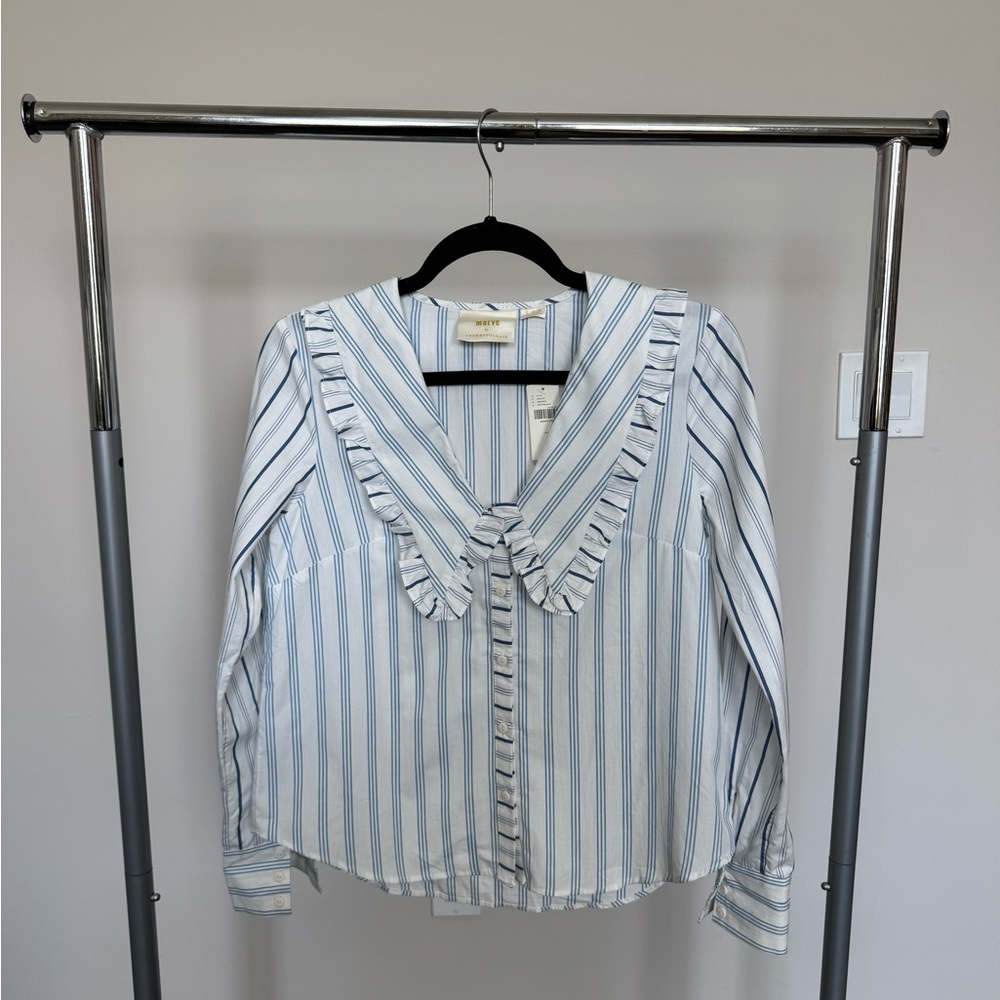 Anthropologie White and Blue Puff Sleeve Blouse with Sailor Collar